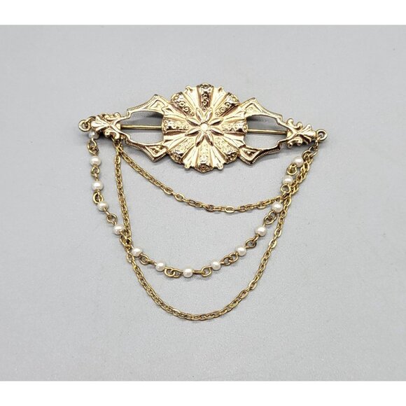 Pakula Signed Gold Tone Layered Dangle Chain Pin Brooch Br1 - Picture 3 of 7